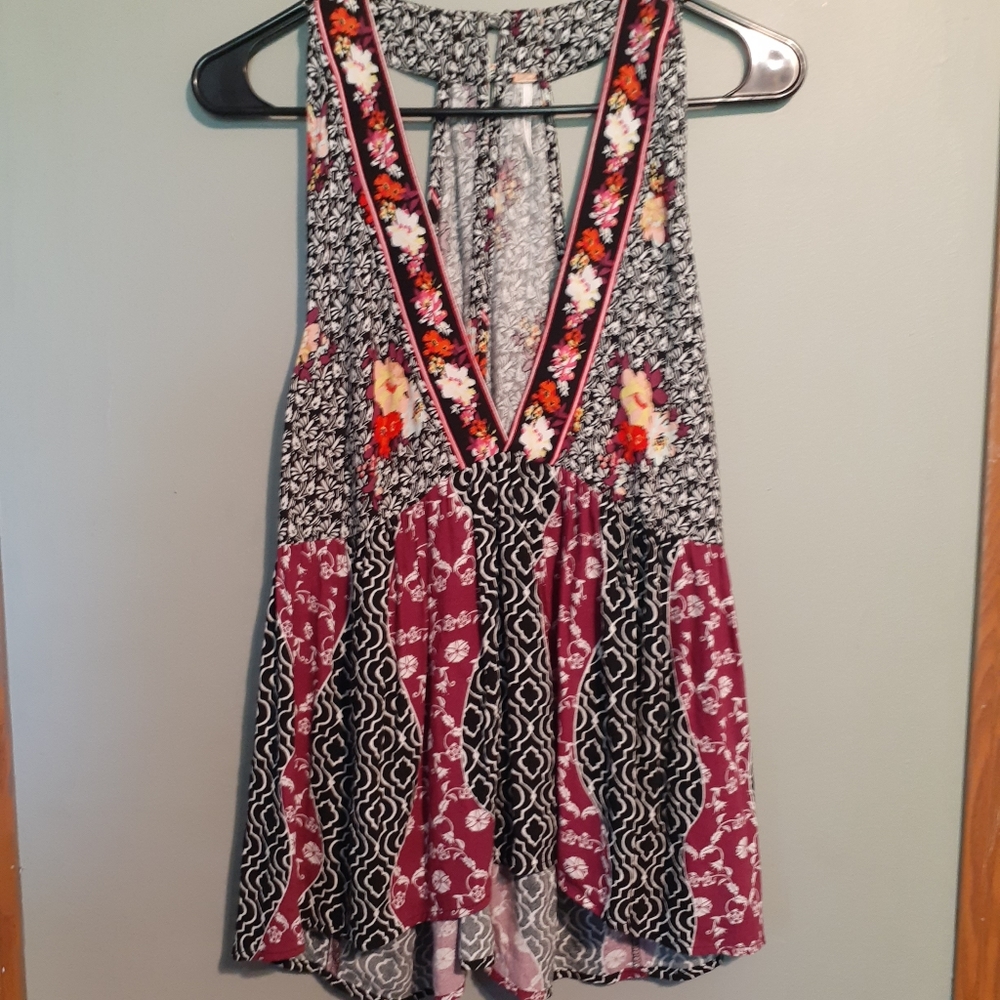 Racerback Free People brand floral black orange purple boho top size medium